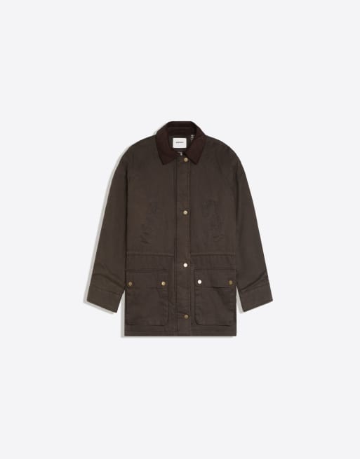 Bershka Waxed jacket with contrast collar in khaki, 6 of 6