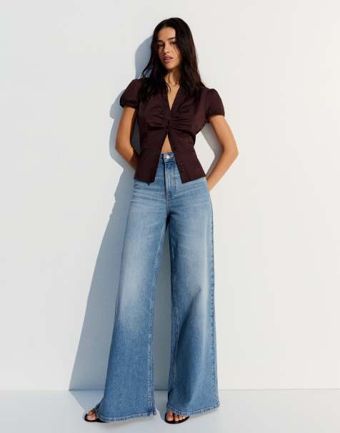 Bershka – Weit geschnittene Jeans in Mittelblau mit hohem Bund - view 1