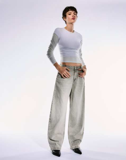 Bershka – Weite Balloon-Jeans in Hellgrau - view 1