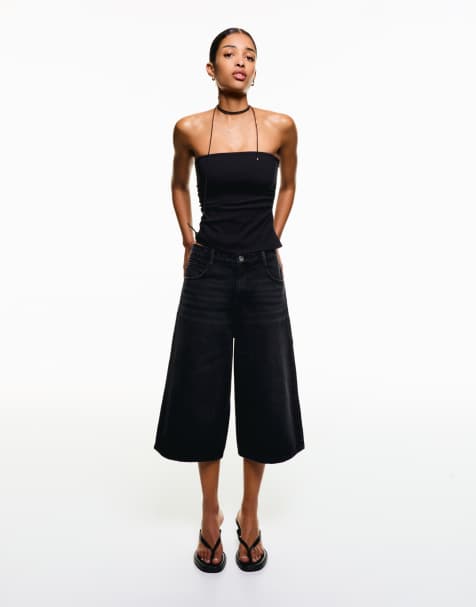 Bershka – Weite Jeans-Bermudajorts in Schwarz - view 1