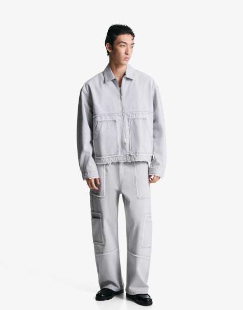 Bershka – Weite Jeans in Hellgrau mit Fransen - view 1