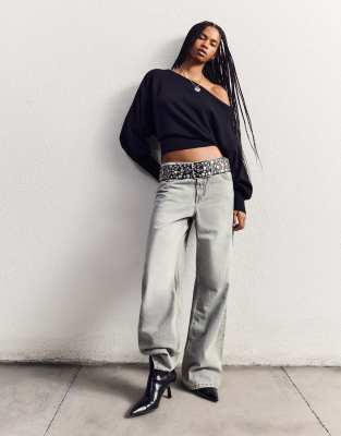 Bershka - Weite Jeans in Hellgrau