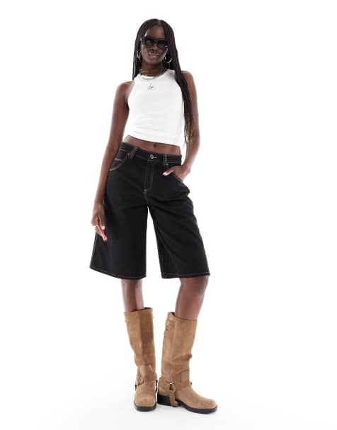 Bershka – Weite Longline-Shorts in Schwarz mit Kontrastnaht - view 1