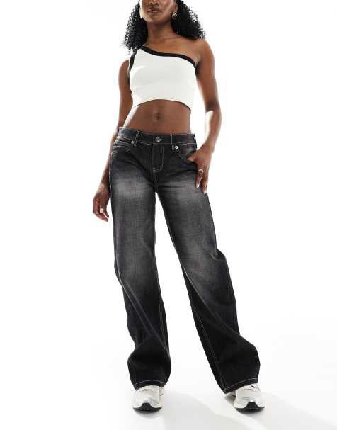 Bershka – Weite Straight Jeans in schwarzer Acid-Waschung - view 1