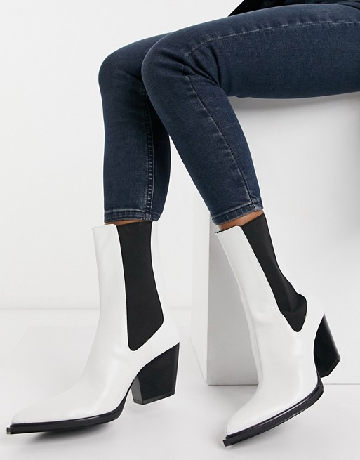 Bershka western heeled boot with contrast tab in white