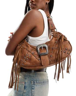 Bershka - Western-Schultertasche in Braun mit Fransendetail-Brown