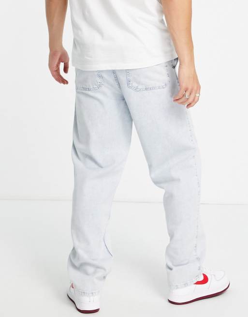 Bershka wide fit denim drawstring joggers in blue