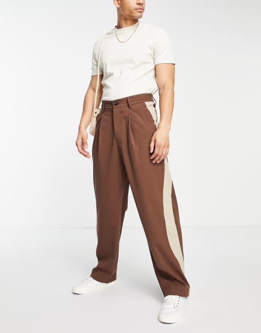Bershka wide fit tailored pants with taper in brown