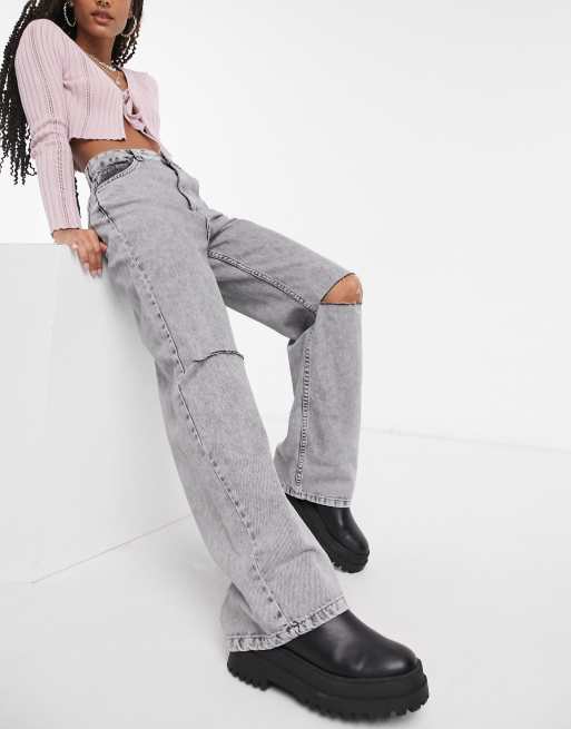 Bershka wide leg 90s jean with knee rip in gray