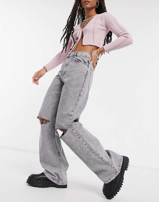 Topshop wide leg jogger with leg rip in grey