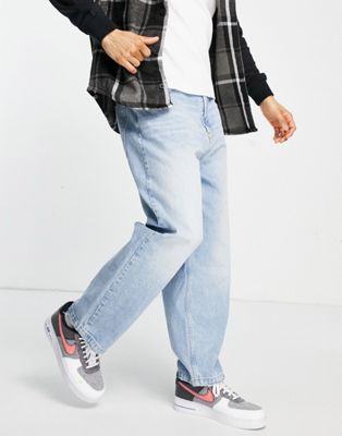 Bershka wide leg balloon fit jeans in mid blue - ASOS Price Checker
