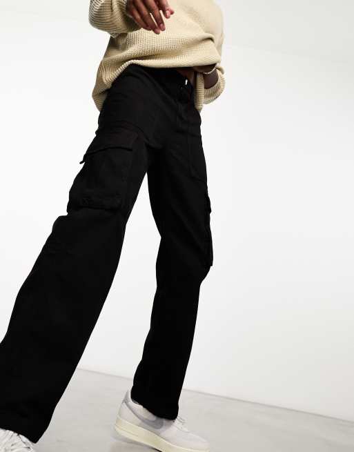 Bershka straight leg cargo pants in black, ASOS