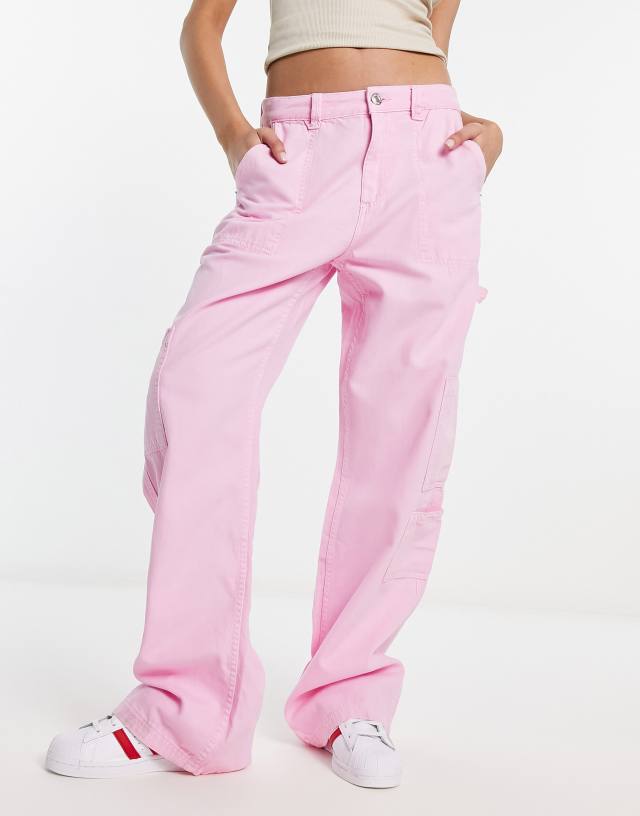 Bershka wide leg cargo pants in bubblegum pink