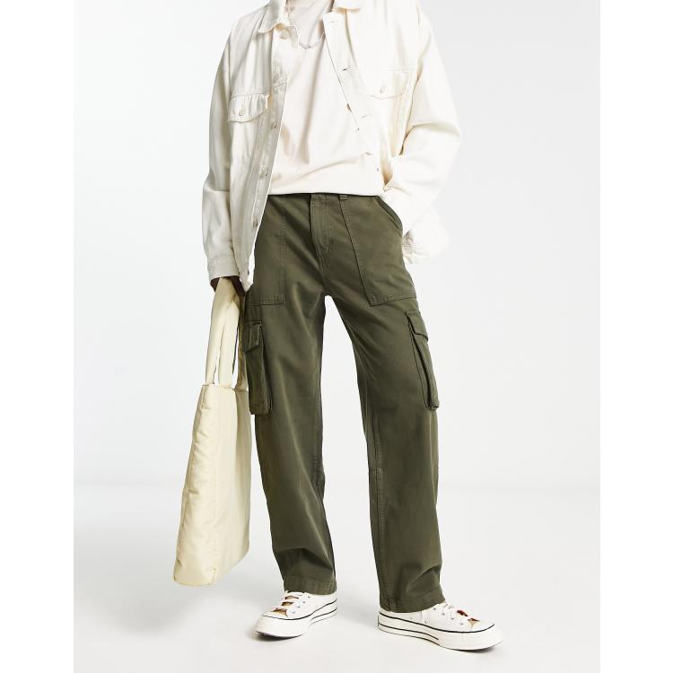 Bershka cotton wide leg cargo pants in beige - TAN, ASOS