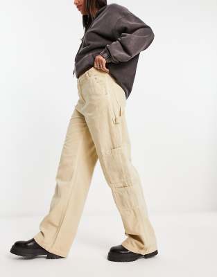 Bershka Wide Leg Carpenter Cargo Pants In Sand-neutral