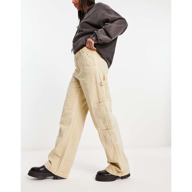 Bershka wide leg carpenter cargo pants in sand