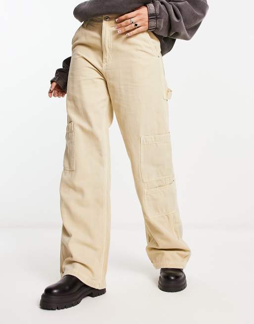 Bershka wide leg carpenter cargo pants in sand