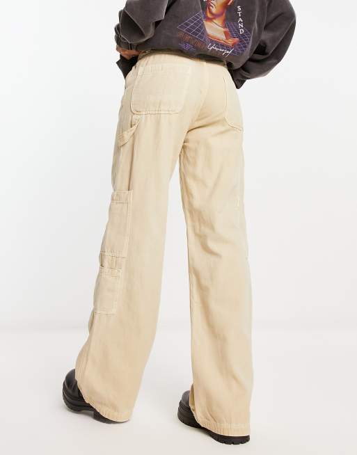 Bershka wide leg carpenter cargo pants in sand