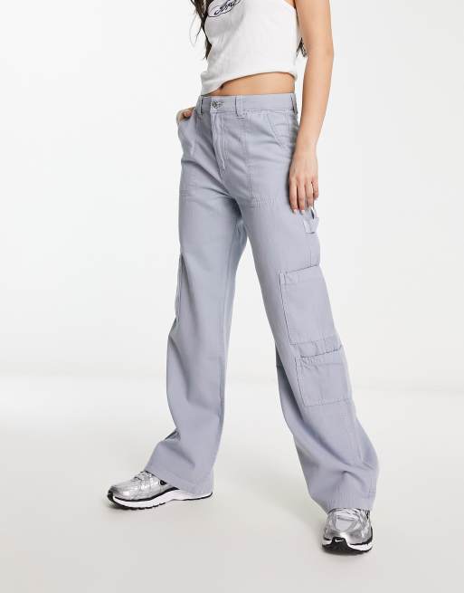 Bershka straight leg cargo pants in graphite blue