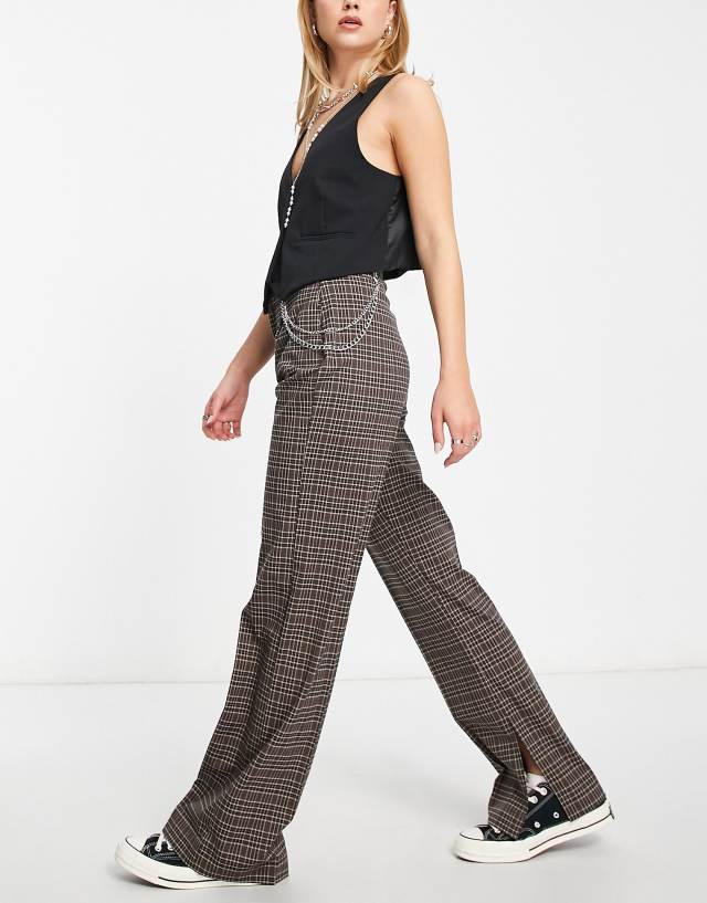 Bershka - wide leg check tailored trousers co-ord in brown