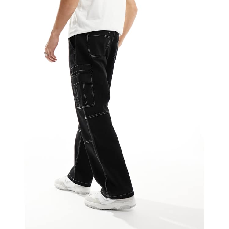 Bershka wide leg contrast stitch cargo in black | ASOS