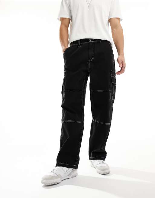 Bershka wide leg contrast stitch cargo in black