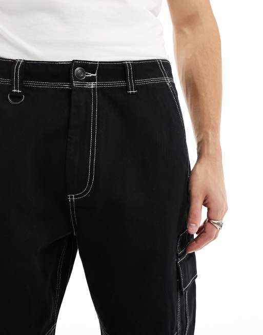 Bershka wide leg contrast stitch cargo in black