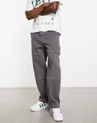 Bershka wide leg contrast stitch cargo pants in gray Smart Closet