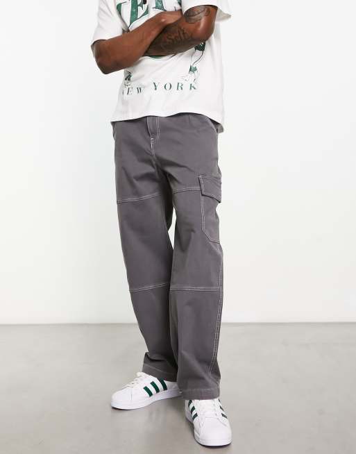 Bershka wide leg contrast stitch cargo pants in gray