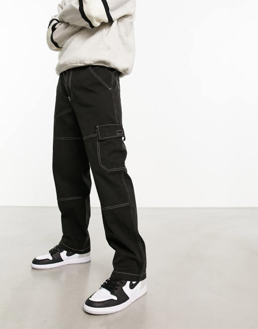 Bershka wide leg contrast stitch cargos in black 