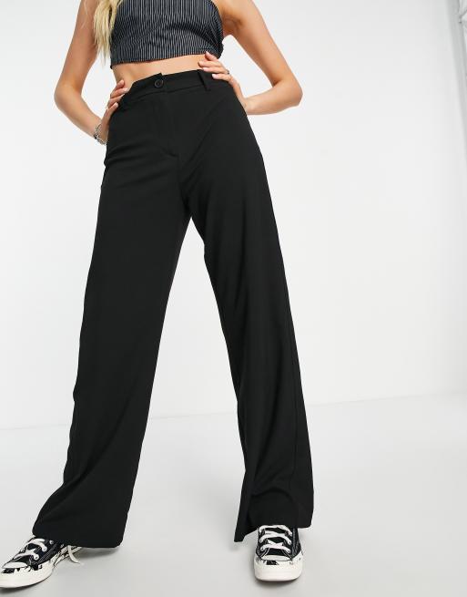 Bershka high waisted wide leg linen trousers in black