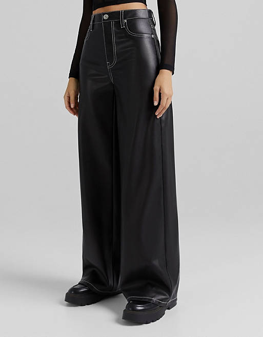 Trousers & Leggings Bershka wide leg faux leather dad trouser with contrast seam in black 