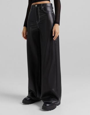 Bershka wide leg faux leather dad trouser with contrast seam in black