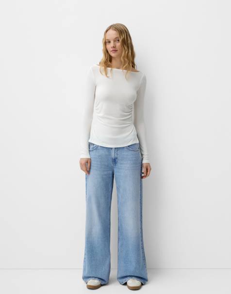 Bershka wide leg jeans in mid blue