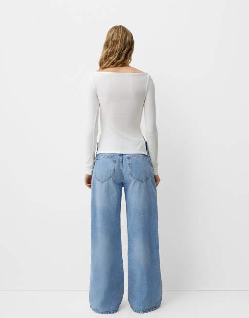 Bershka wide leg jeans in mid blue, 3 of 5