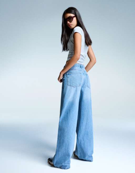 Bershka wide leg jeans in mid blue