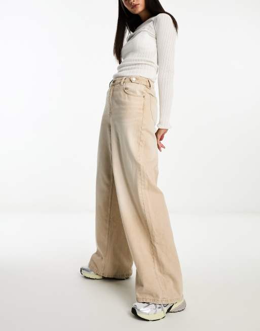 Bershka wide leg jeans in washed sand