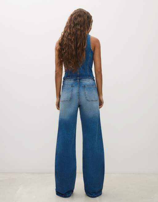 Bershka Wide-Leg-Jeans mit Knopfdetail in Mittelblau, 3 von 5