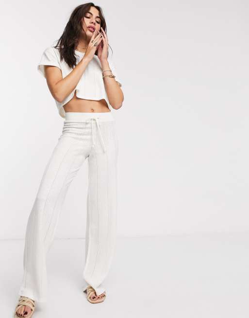 Bershka wide leg knit trousers in white | ASOS