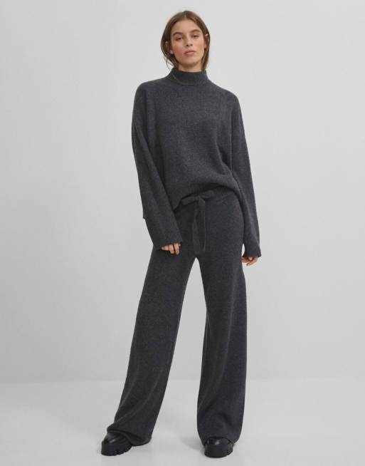 Bershka wide leg knitted trouser co-ord in dark grey | ASOS