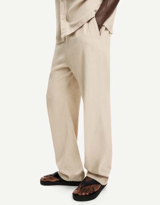 Bershka wide leg linen blend jogger trousers in beige ASOS