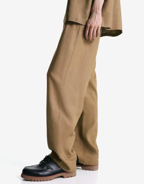 Bershka Wide-leg linen blend jogger trousers in camel - view 1