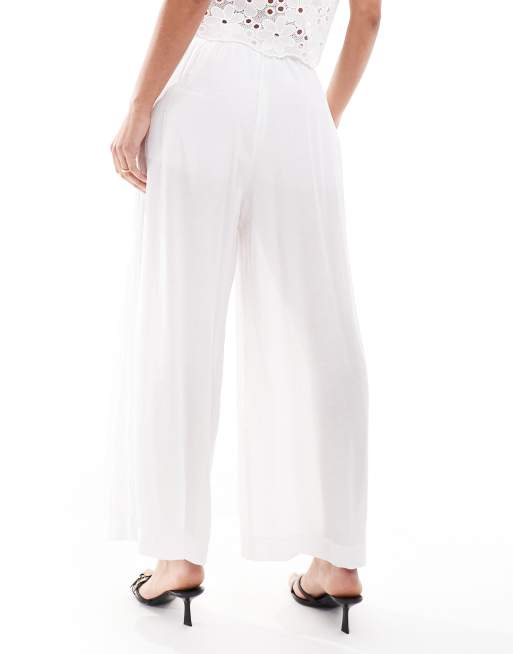 Bershka wide leg linen look pants in white