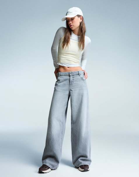 Bershka wide leg low waist jeans in light grey