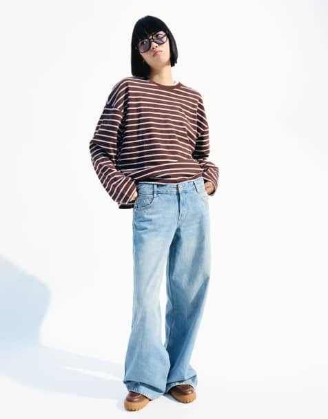 Bershka wide leg low waist jeans in mid blue