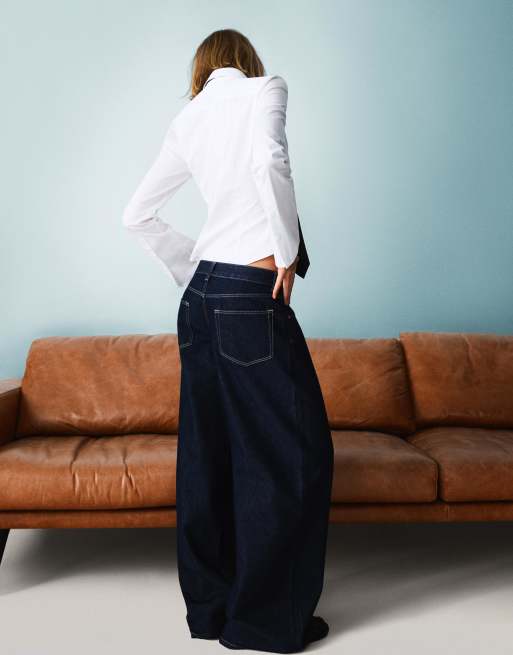 Bershka Wide-leg low-waist jeans in navy, 3 of 4