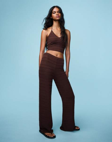 Bershka Wide-leg openwork trousers in brown - view 1