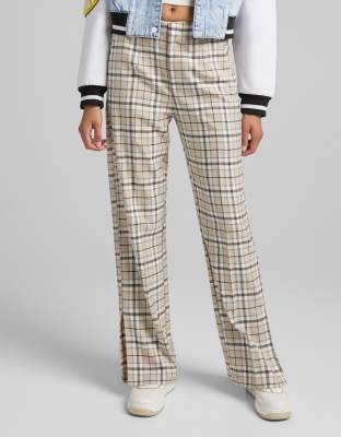 Bershka Wide Leg Pants With Split Hem Detail In Beige Check - Part Of A Set-neutral