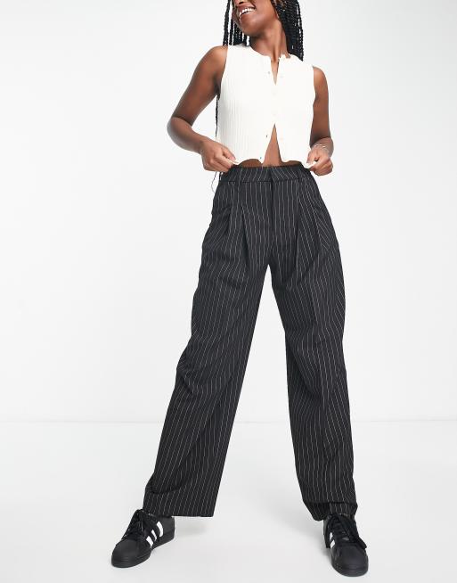 Bershka wide leg pinstripe pants in black | ASOS