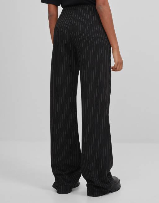 Bershka wide leg pinstripe pants in black ASOS